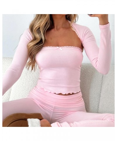 Women's Lace Trim Long Sleeve 2 Piece Set Tube Tops with Bolero Shrugs Y2K Crop Top Sexy Going Out T Shirts 8707 Pink $11.86 ...