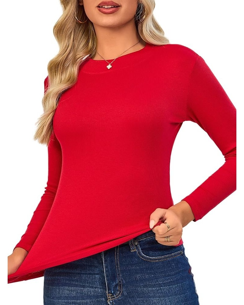 Long Sleeve Shirts Women Half-Mock Ribbed Tops Tshirt for Women Basic Trendy Stretchy Lightweight Red $9.20 T-Shirts