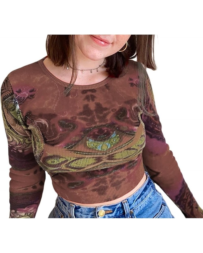 Women Floral Long Sleeve Crop Top E-Girls Teen Aesthetic Harajuku T Shirts 90s Streewear Brown $8.15 T-Shirts