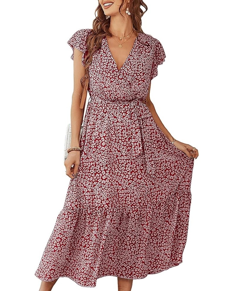 Women's V Neck Ruffle Sleeve Tiered Floral Midi Summer Maxi Dress for Women 40401 Burgundy $19.77 Dresses