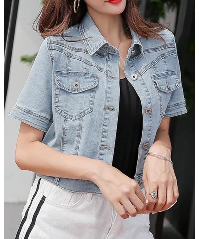 Women's Crop Denim Jacket Distressed Short Sleeve Cropped Jean Jackets Coat Light Blue B $16.65 Jackets