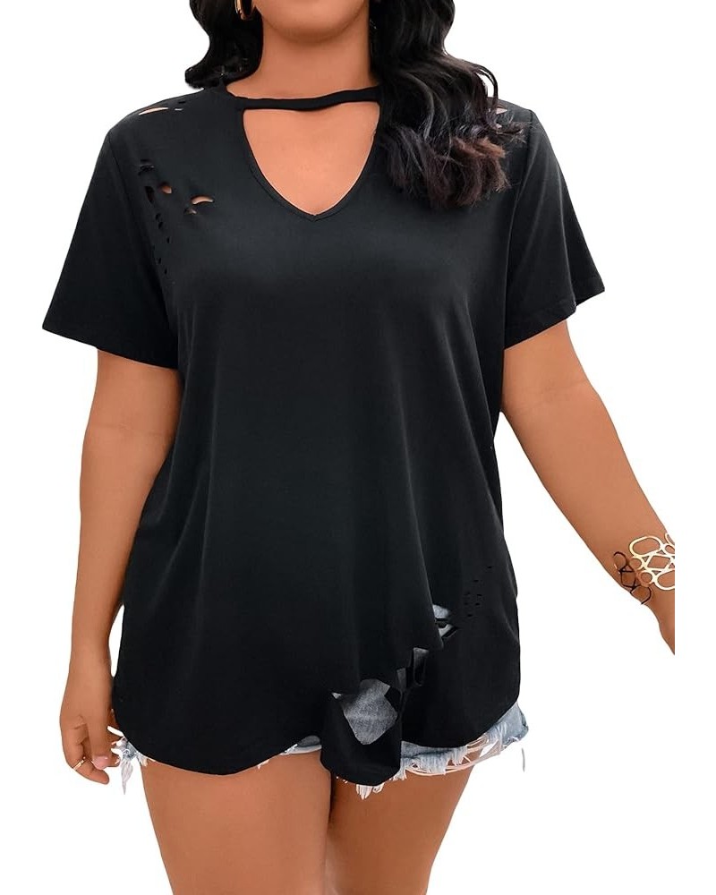 Women's Plus Size Cut Out Keyhole Neck Ripped Short Sleeve Tee Casual T Shirt Black $11.75 T-Shirts