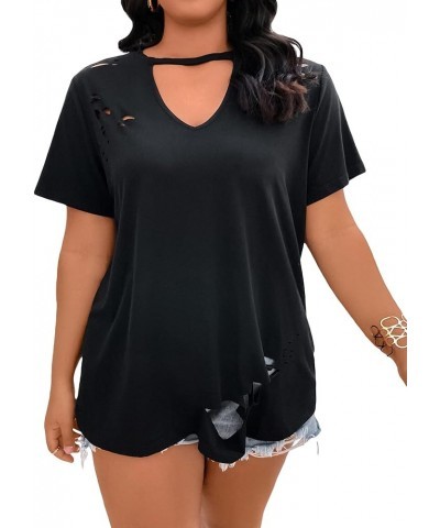 Women's Plus Size Cut Out Keyhole Neck Ripped Short Sleeve Tee Casual T Shirt Black $11.75 T-Shirts