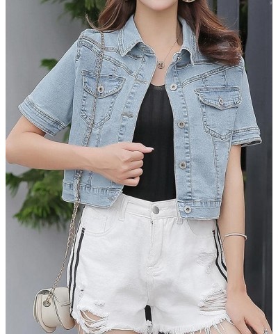 Women's Crop Denim Jacket Distressed Short Sleeve Cropped Jean Jackets Coat Light Blue B $16.65 Jackets