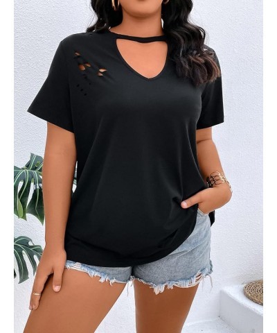 Women's Plus Size Cut Out Keyhole Neck Ripped Short Sleeve Tee Casual T Shirt Black $11.75 T-Shirts