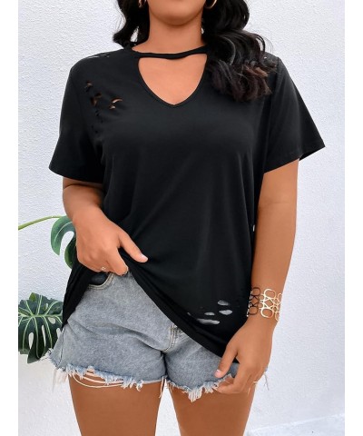 Women's Plus Size Cut Out Keyhole Neck Ripped Short Sleeve Tee Casual T Shirt Black $11.75 T-Shirts