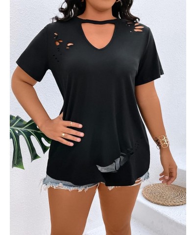 Women's Plus Size Cut Out Keyhole Neck Ripped Short Sleeve Tee Casual T Shirt Black $11.75 T-Shirts