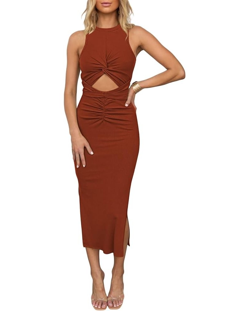 Women's Sleeveless Cut Out Dress Twisted Ruched Summer Ribbed Knit Dresses with Slit Brown $19.59 Dresses