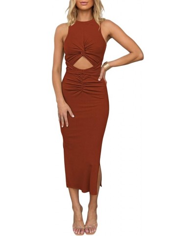 Women's Sleeveless Cut Out Dress Twisted Ruched Summer Ribbed Knit Dresses with Slit Brown $19.59 Dresses