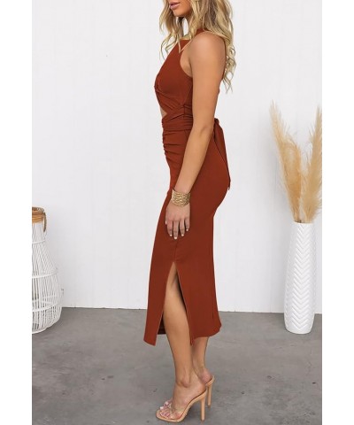 Women's Sleeveless Cut Out Dress Twisted Ruched Summer Ribbed Knit Dresses with Slit Brown $19.59 Dresses