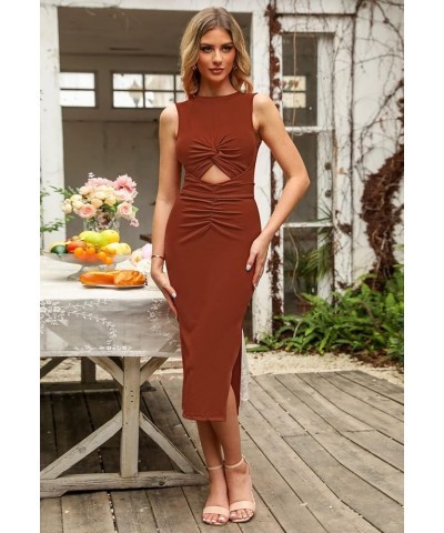 Women's Sleeveless Cut Out Dress Twisted Ruched Summer Ribbed Knit Dresses with Slit Brown $19.59 Dresses