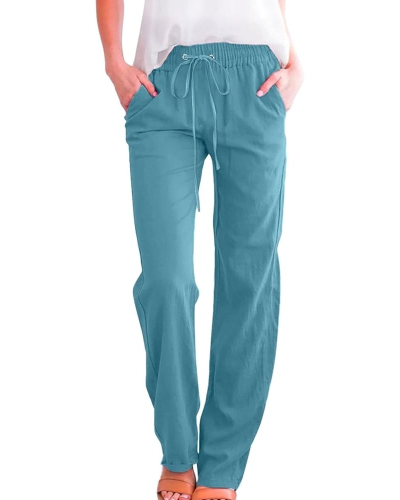 Linen Pants Women Straight Leg Drawstring Sweatpants Pants with Pockets High Waist Casual Lounge Pant Trousers Blue-2 $8.95 A...