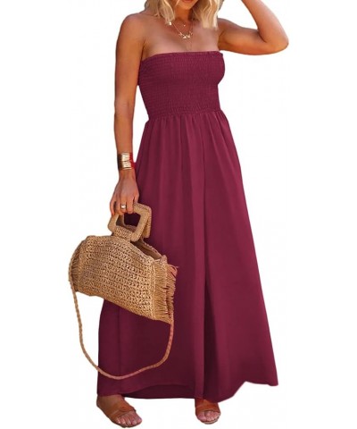 Womens Sleeveless Strapless Wide Leg Jumpsuits Summer Casual Loose Smocked Chiffon Jumpsuit Rompers with Pockets Wine Red $27...