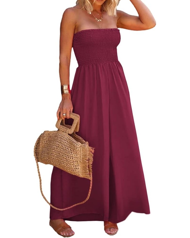 Womens Sleeveless Strapless Wide Leg Jumpsuits Summer Casual Loose Smocked Chiffon Jumpsuit Rompers with Pockets Wine Red $27...