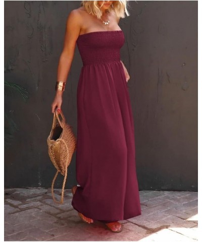 Womens Sleeveless Strapless Wide Leg Jumpsuits Summer Casual Loose Smocked Chiffon Jumpsuit Rompers with Pockets Wine Red $27...