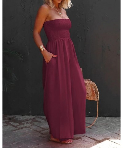 Womens Sleeveless Strapless Wide Leg Jumpsuits Summer Casual Loose Smocked Chiffon Jumpsuit Rompers with Pockets Wine Red $27...