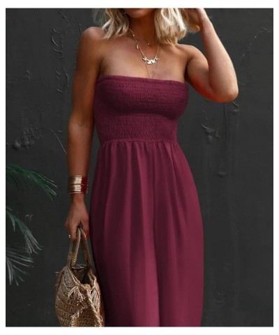 Womens Sleeveless Strapless Wide Leg Jumpsuits Summer Casual Loose Smocked Chiffon Jumpsuit Rompers with Pockets Wine Red $27...