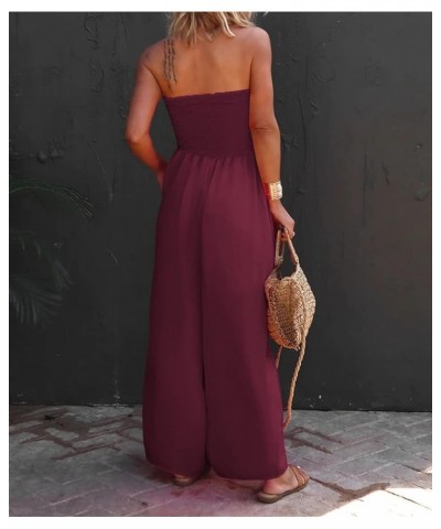 Womens Sleeveless Strapless Wide Leg Jumpsuits Summer Casual Loose Smocked Chiffon Jumpsuit Rompers with Pockets Wine Red $27...