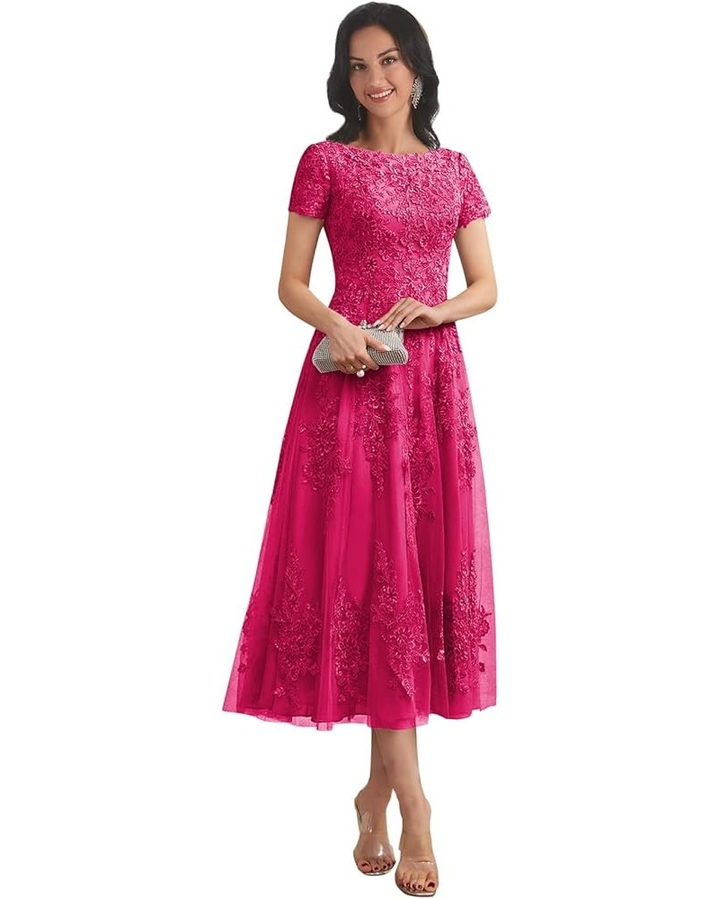 Lace Appliques Tulle Mother of The Bride Dresses for Wedding 2023 Long Formal Evening Gown with Sleeves Hot Pink $44.19 Dresses