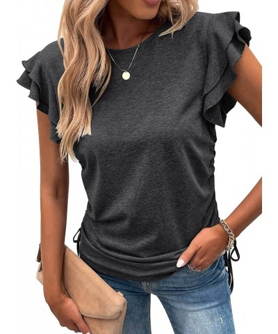 Womens T Shirts Pleated Loose Fit Crew Neck Ruffle Sleeve Side Tie Drawstring Tunic Summer Casual Tops Dark Grey $10.99 Tops