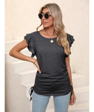 Womens T Shirts Pleated Loose Fit Crew Neck Ruffle Sleeve Side Tie Drawstring Tunic Summer Casual Tops Dark Grey $10.99 Tops