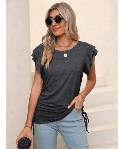 Womens T Shirts Pleated Loose Fit Crew Neck Ruffle Sleeve Side Tie Drawstring Tunic Summer Casual Tops Dark Grey $10.99 Tops