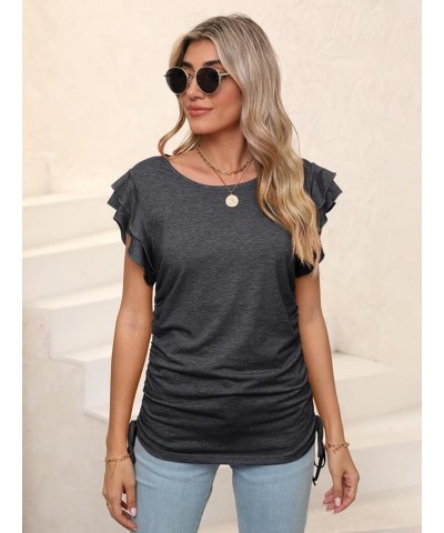 Womens T Shirts Pleated Loose Fit Crew Neck Ruffle Sleeve Side Tie Drawstring Tunic Summer Casual Tops Dark Grey $10.99 Tops