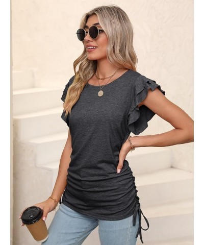 Womens T Shirts Pleated Loose Fit Crew Neck Ruffle Sleeve Side Tie Drawstring Tunic Summer Casual Tops Dark Grey $10.99 Tops