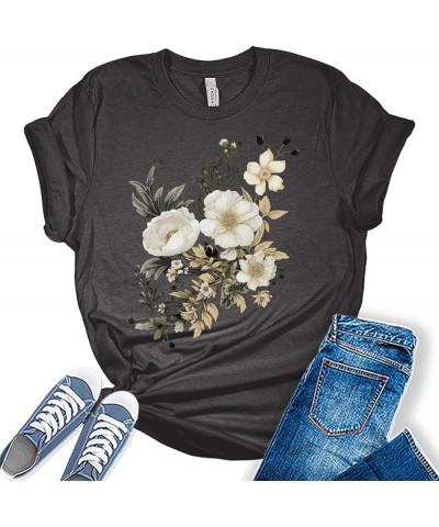 Womens Graphic T Shirt Vintage Floral Shirt Boho Flower Tee Fall Cottagecore Shirts 3 - Dark Grey Heather $9.98 T-Shirts