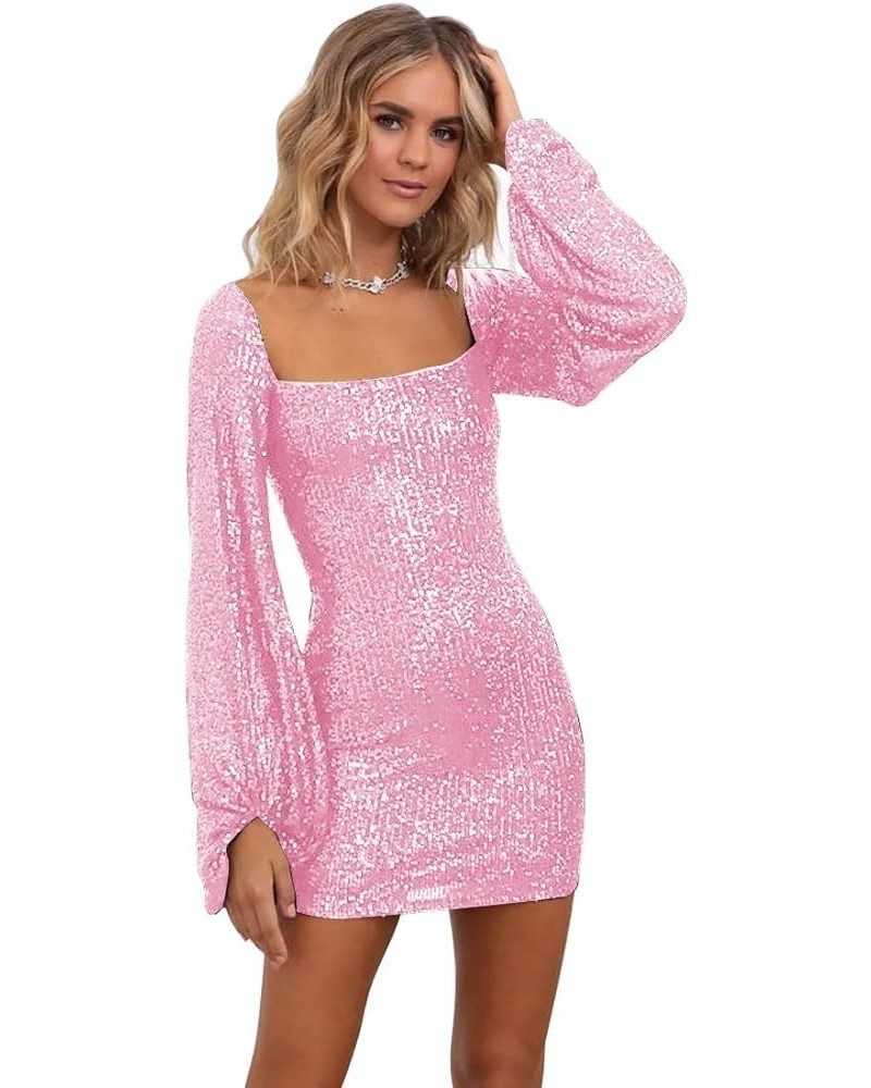 Sequin Long Sleeve Homecoming Dresses for Teens Sparkly Tight Short Mini Prom Cocktail Party Dress Pink $32.44 Dresses