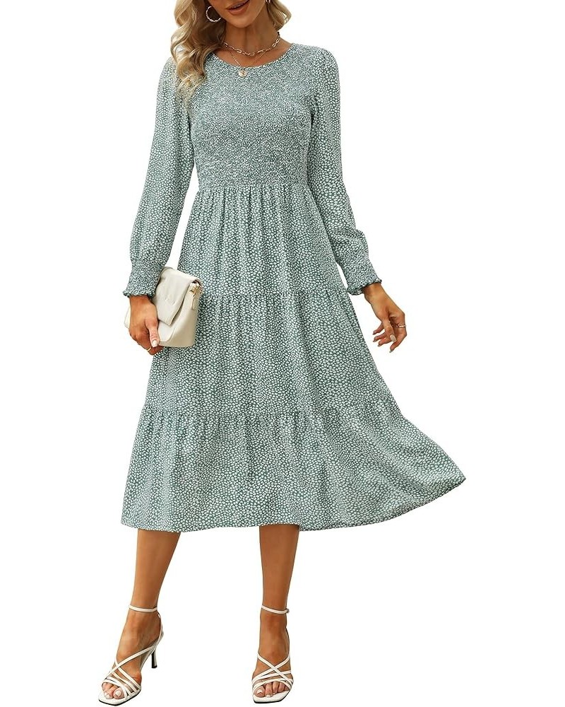 Womens Spring Dresses 2024 Winter Long Sleeve Smocked Bodice and Cuffs Boho Floral Tiered Midi Dress with Pockets Green W $13...