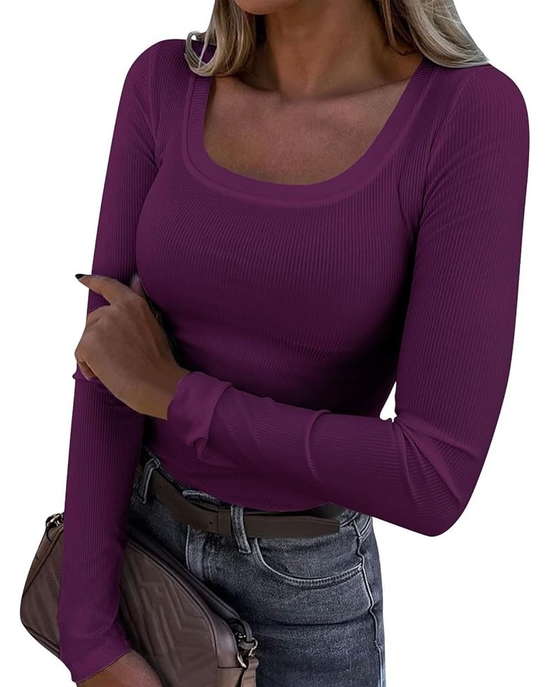 Long Sleeve Womens Casual Tops Ribbed Knit Shirts Scoop Neck Blouses for Work Solid Color Sweatshirts Slim Tops X39-purple $1...