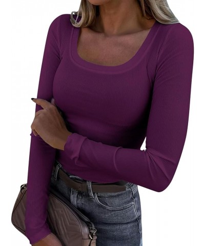 Long Sleeve Womens Casual Tops Ribbed Knit Shirts Scoop Neck Blouses for Work Solid Color Sweatshirts Slim Tops X39-purple $1...