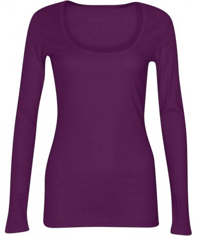 Long Sleeve Womens Casual Tops Ribbed Knit Shirts Scoop Neck Blouses for Work Solid Color Sweatshirts Slim Tops X39-purple $1...