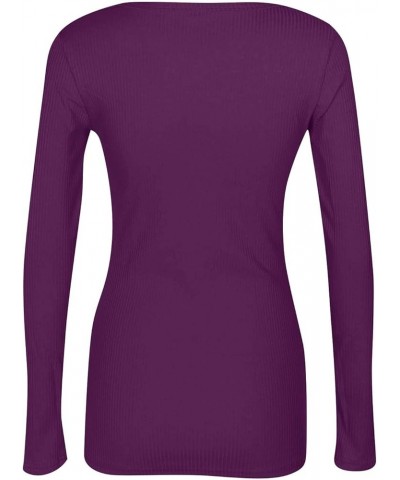 Long Sleeve Womens Casual Tops Ribbed Knit Shirts Scoop Neck Blouses for Work Solid Color Sweatshirts Slim Tops X39-purple $1...