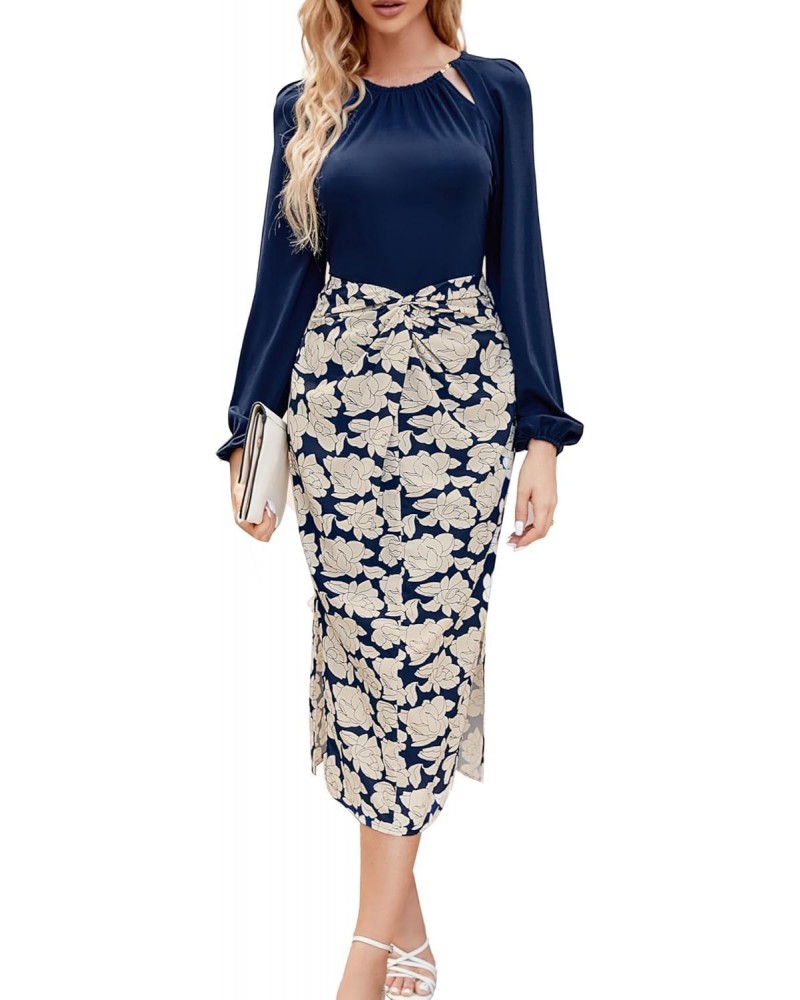 Women's 2023 Fall Pencil Dress Long Sleeve Twist Front Floral Print Midi Dresses Cocktail Formal Dress Navy Blue S $24.20 Dre...