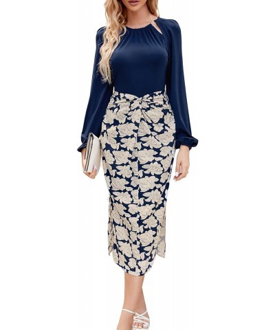 Women's 2023 Fall Pencil Dress Long Sleeve Twist Front Floral Print Midi Dresses Cocktail Formal Dress Navy Blue S $24.20 Dre...