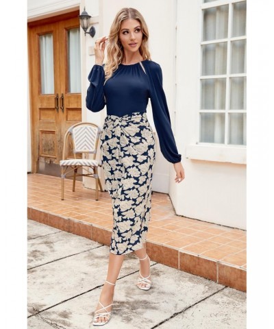 Women's 2023 Fall Pencil Dress Long Sleeve Twist Front Floral Print Midi Dresses Cocktail Formal Dress Navy Blue S $24.20 Dre...