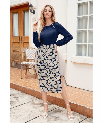 Women's 2023 Fall Pencil Dress Long Sleeve Twist Front Floral Print Midi Dresses Cocktail Formal Dress Navy Blue S $24.20 Dre...