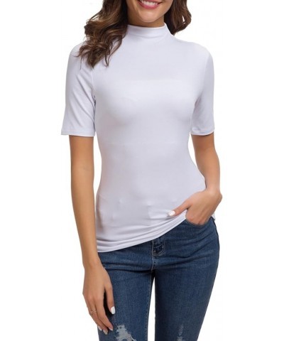 Women Solid Half Sleeve Mock Neck Slim Fit Stretchy Comfy Layer T Shirt Tops 933 White $13.80 T-Shirts