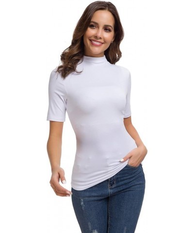 Women Solid Half Sleeve Mock Neck Slim Fit Stretchy Comfy Layer T Shirt Tops 933 White $13.80 T-Shirts