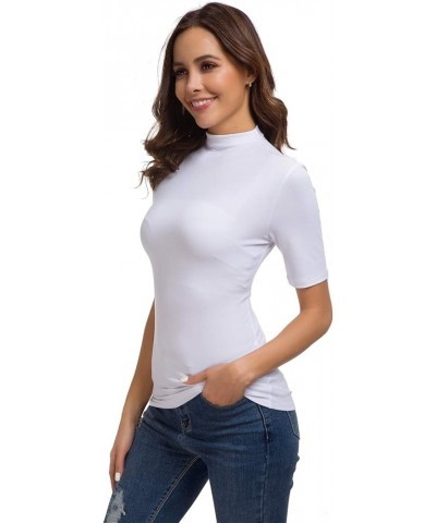 Women Solid Half Sleeve Mock Neck Slim Fit Stretchy Comfy Layer T Shirt Tops 933 White $13.80 T-Shirts