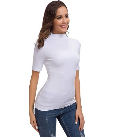 Women Solid Half Sleeve Mock Neck Slim Fit Stretchy Comfy Layer T Shirt Tops 933 White $13.80 T-Shirts