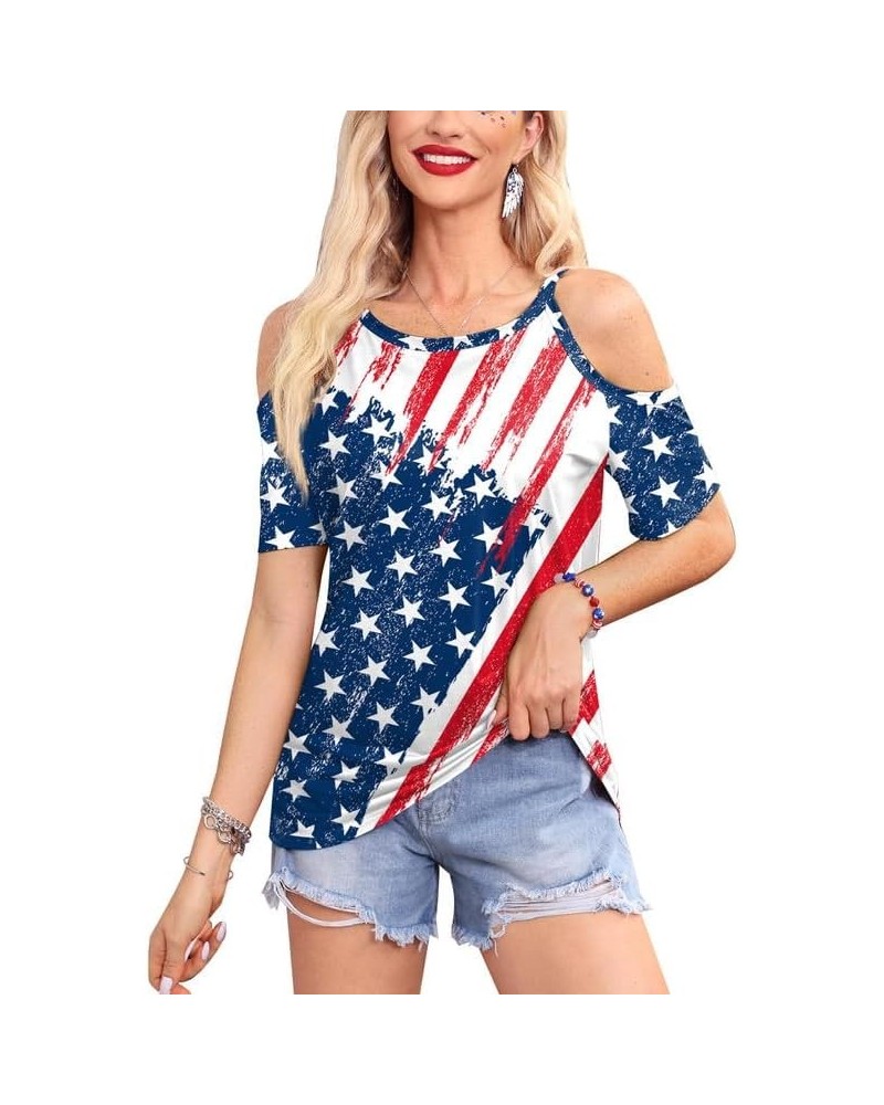 Women's Cold Shoulder American Flag Patriotic Short Sleeve Shirts Stripe & Star $14.99 Blouses