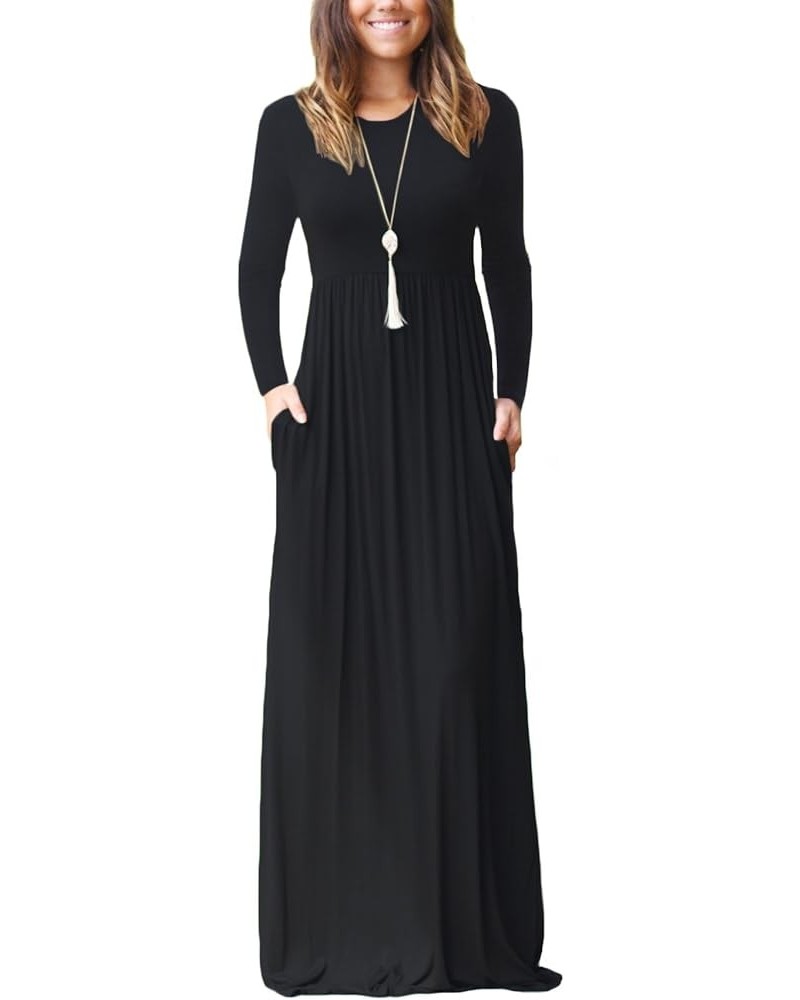 Women's Long Sleeve Maxi Dress Crewneck Loose Plain Casual Empire Waist Long Dresses with Pockets Long Sleeve Black $13.13 Dr...