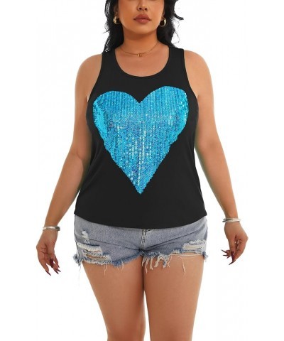 Womens Sparkly Sequin Tank Tops Sleeveless Scoop Neck Loose Fit Workout Shirts Racerback Tees Tops Shirts Black+ Lake Blue He...