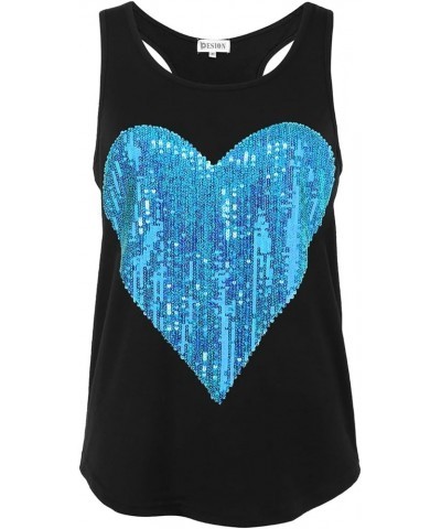 Womens Sparkly Sequin Tank Tops Sleeveless Scoop Neck Loose Fit Workout Shirts Racerback Tees Tops Shirts Black+ Lake Blue He...