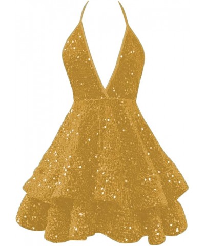 Sequin Short Prom Dresses for Teens 2024 Sparkly Sexy Spaghetti Strap Homecoming Dresses Halter Cocktail Party Dress Gold $37...