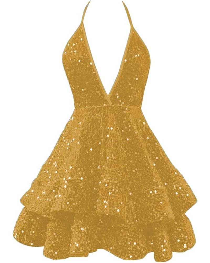 Sequin Short Prom Dresses for Teens 2024 Sparkly Sexy Spaghetti Strap Homecoming Dresses Halter Cocktail Party Dress Gold $37...