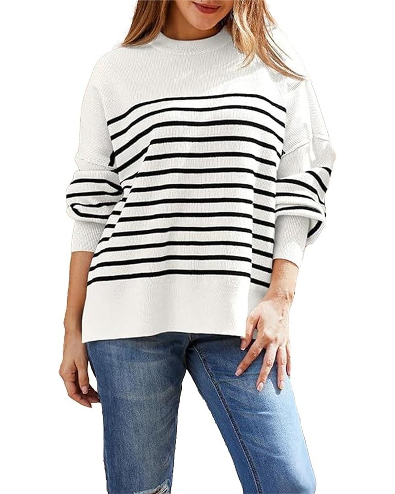 Women's Crewneck Batwing Long Sleeve Sweaters Fall Oversized Ribbed Knit Side Slit Pullover Tops Striped-white $19.79 Sweaters